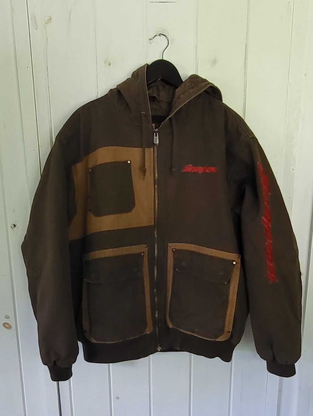 Snap On Tools Canvas Heavy Duty Brown Quilted Hooded Bomber Utility Work Jacket
